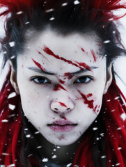 girl hunting in snow, blood on face