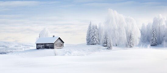 Snow-covered wooden hut view