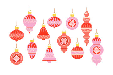 Set of Christmas tree toys in shape of balls, icicles, bells in trendy pink color on white isolated background in flat retro style. Christmas tree decorations in rose tones.