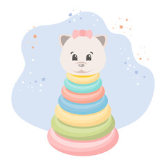 Children's toy pyramid with a cat's head. Cat pyramid on a background with stars. Pastel colors. Illustration, vector