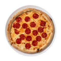 top view plate with salami pizza. isolated white background
