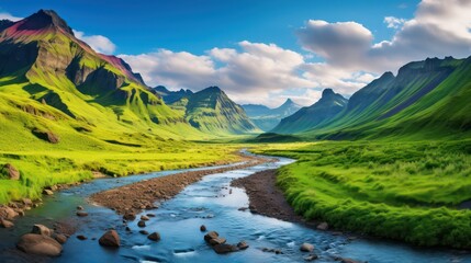 Peaceful nature landscape with green mountain views, with river in the middle