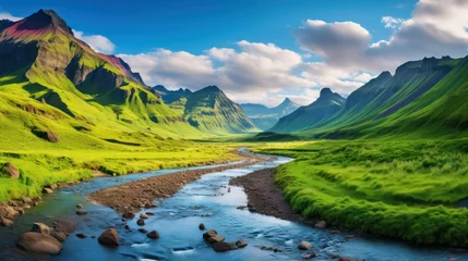  Peaceful nature landscape with green mountain views, with river in the middle © Matthew