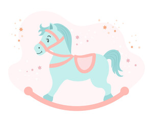 Children's toy rocking horse on a background of stars. Children's card, vector