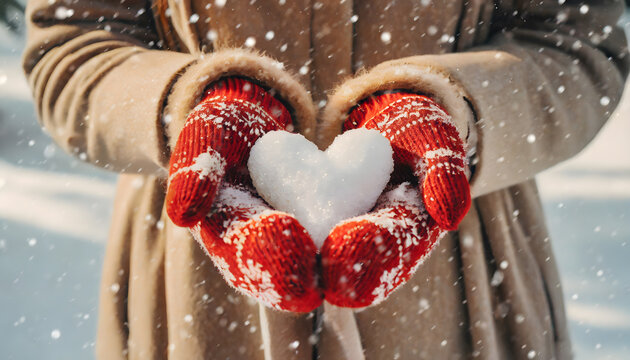 Female hands in red knitted mittens with a heart of snow on a winter day - boho background 