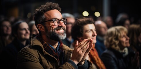 Cheerful senior man watching movie in cinema  - obrazy, fototapety, plakaty