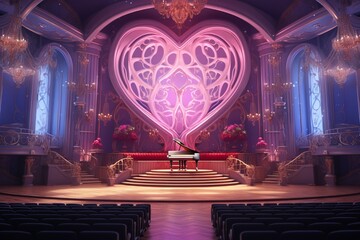 A classical music concert hall with heart-shaped instruments and 3D intricate colorful patterns on the stage backdrop. The atmosphere is sophisticated and romantically harmonious.