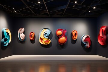 A contemporary art gallery with minimalistic decor, where a 3D intricate colorful pattern serves as an impactful backdrop for sculptures.