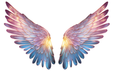 Finely detailed illustration of a Pair of  colored Angel Wings isolated transparent png file. ai generated.