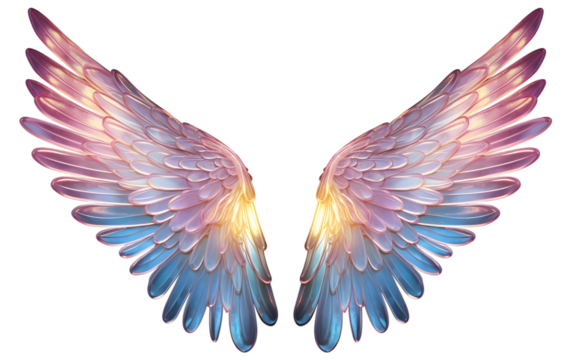 Finely detailed illustration of a Pair of  colored Angel Wings isolated transparent png file. ai generated.