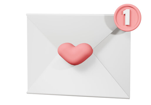 3d mail envelope, letter, love icon with red heart center notification new message. Minimal email letter message icon. Happy valentine day message in love concept. 3d render illustration.