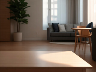 Minimal wooden desk, with morning light, empty desk to place products.