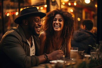 Black love couple in good mood drinking cocktails in night bar