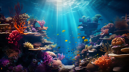 Fototapeta na wymiar Large group of fish swimming over a coral, beautiful underwater scenery with various types of f, A mesmerizing underwater coral reef teeming with colorful fish. AI Generative., Photo of a vibrant c