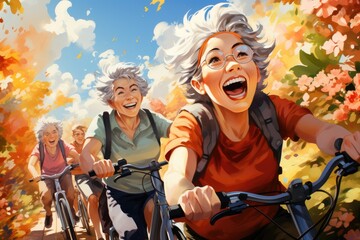 Cheerful group of mature ladies driving bikes in the park