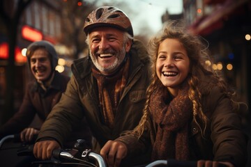 Father driving bike with his daughter - cheerful mood