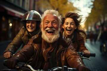 Older man driving bike with his family on the city street