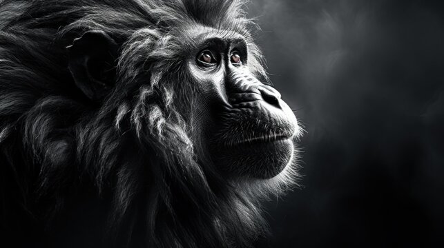 A black and white photo of a monkey, AI