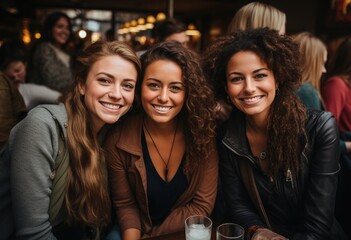 Obraz premium Cheerful ladies in restaurant drinking coffee after shopping