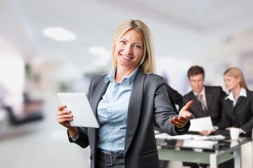 Smile portrait of woman at business meeting or teamwork.