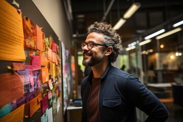 Portrait of a handsome man in glasses looking at information on the wall