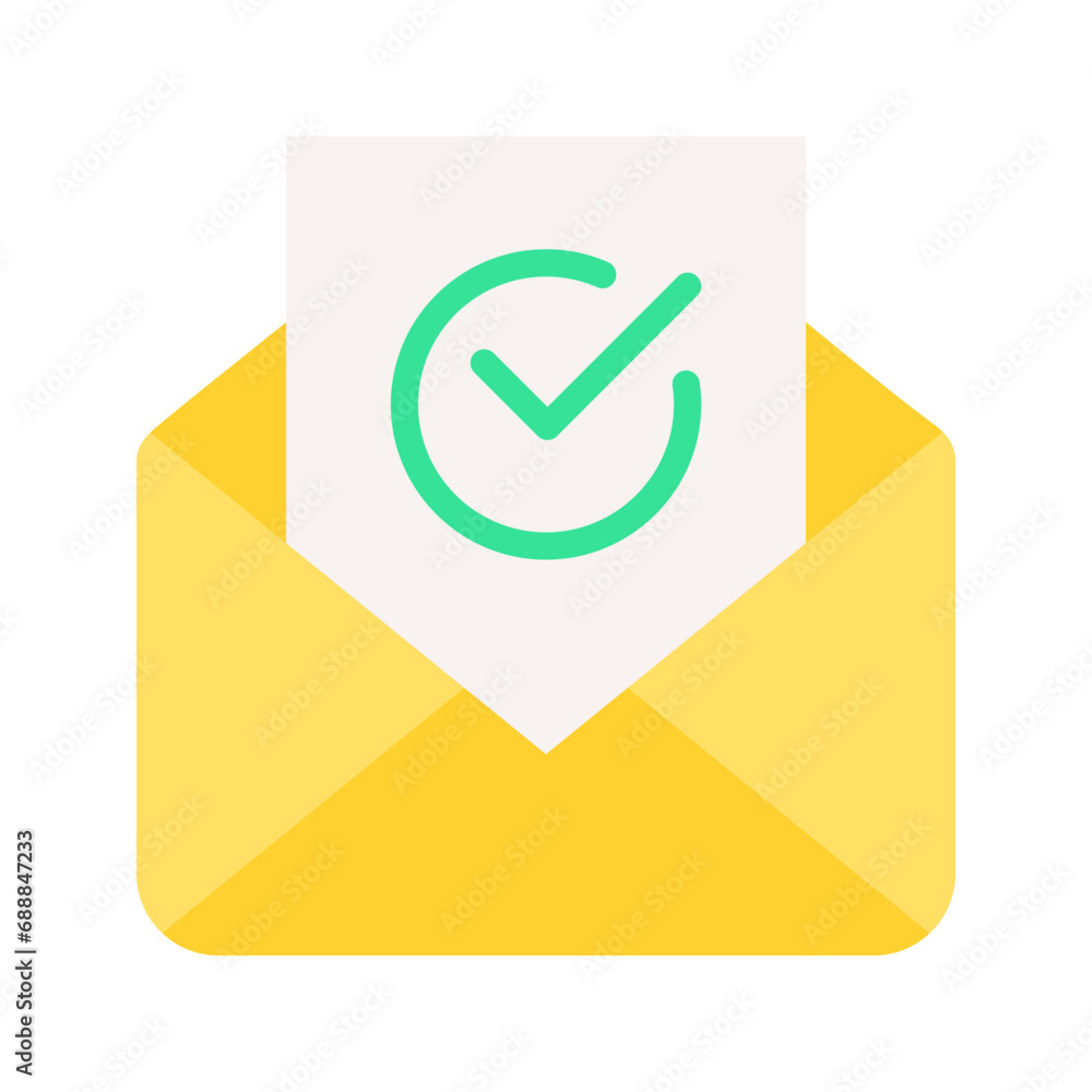 Poster envelope with document and round green check mark icon. email delivery confirmation, successful veri