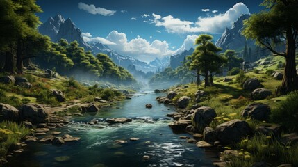 Naklejka na ściany i meble Nature's Majestic Symphony: Exploring the Serene Beauty of Rivers, Mountains, Waterfalls, and Lush Green Landscapes, generative AI