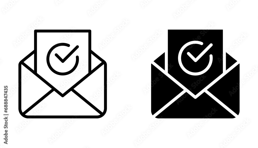 Poster envelope with document and round green check mark icon. email delivery confirmation, successful veri