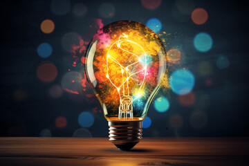 Colorful light bulb illustration. Creative Ideas Unleashed: Exploring the Power of Innovation and the Concept of Idea Generation. High quality photo - obrazy, fototapety, plakaty