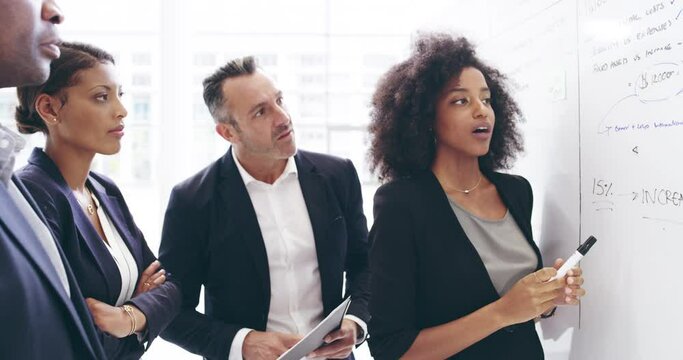 Business people, group and whiteboard presentation for finance, project budget and profit or revenue analysis. Professional woman, team listening and speaking for sales proposal, increase and growth