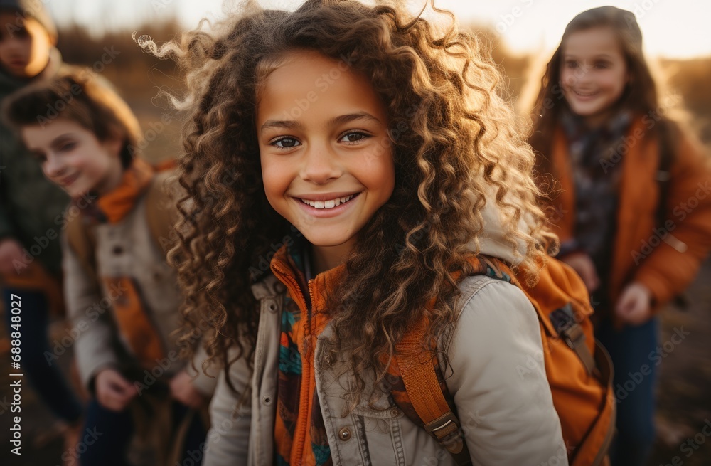 Wall mural mixed race little girl in the nature with her friends - cheerful mood