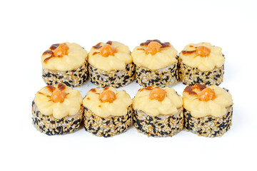 fresh appetizing baked rolls on a white background for food delivery site 11