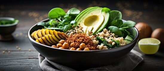 Toned, focused Buddha bowl with roasted chickpeas, spinach, quinoa, avocado, and cucumber. - obrazy, fototapety, plakaty