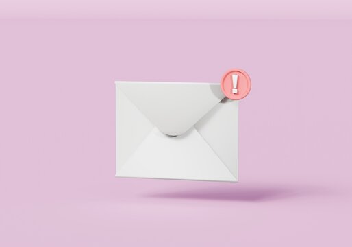  3d mail envelope, letter with alert icon circle notification new message. Minimal email letter message cute cartoon icon. 3d render illustration.