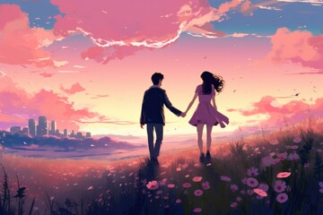 Couple holding hands in field at sunset with city skyline. Romantic relationship. - obrazy, fototapety, plakaty