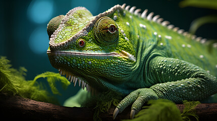 Obraz premium Green Chameleon Resting on a Branch with a Dark Background