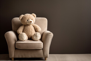 teddy bear sitting on a chair with brown wall