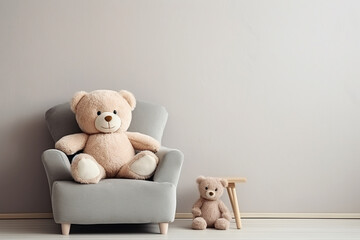 teddy bear sitting on a chair and floor with grey wall