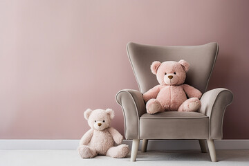 teddy bear sitting on a chair and floor with soft brown wall