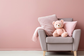 teddy bear sitting on a chair with pink wall