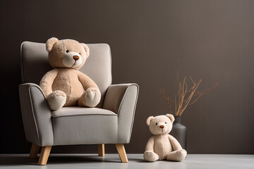 teddy bear sitting on a chair and floor with brown wall