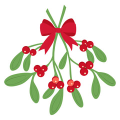 Christmas traditional mistletoe bouquet with red bow isolated on white background, plant illustration for winter holidays design.