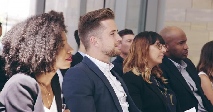 Seminar audience, business man or raised hand to ask question on project report, presentation speech or corporate training. Conference crowd, tradeshow group and professional agent answer at workshop