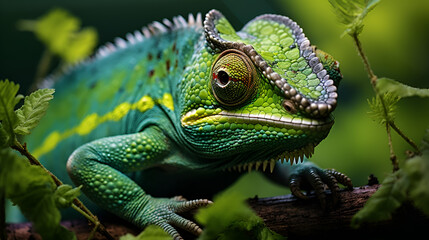 Fototapeta premium Vibrant Green Chameleon Among Leaves on a Dark Background