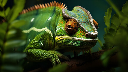 Fototapeta premium Vibrant Green Chameleon with Orange Accents Perched on a Branch Among Leaves