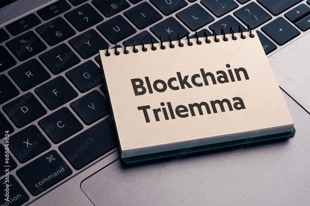 Poster there is notebook with the word blockchain trilemma. it is as an eye-catching image.