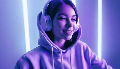 Teenager model wearing headphones listening dj music dancing	
