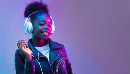 Teenager model wearing headphones listening dj music dancing	
