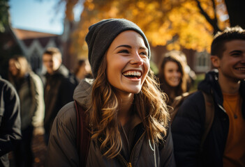 Young student girl in front of college with her friends