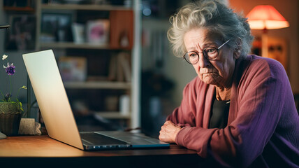 Confused elder, serious, navigating technology.